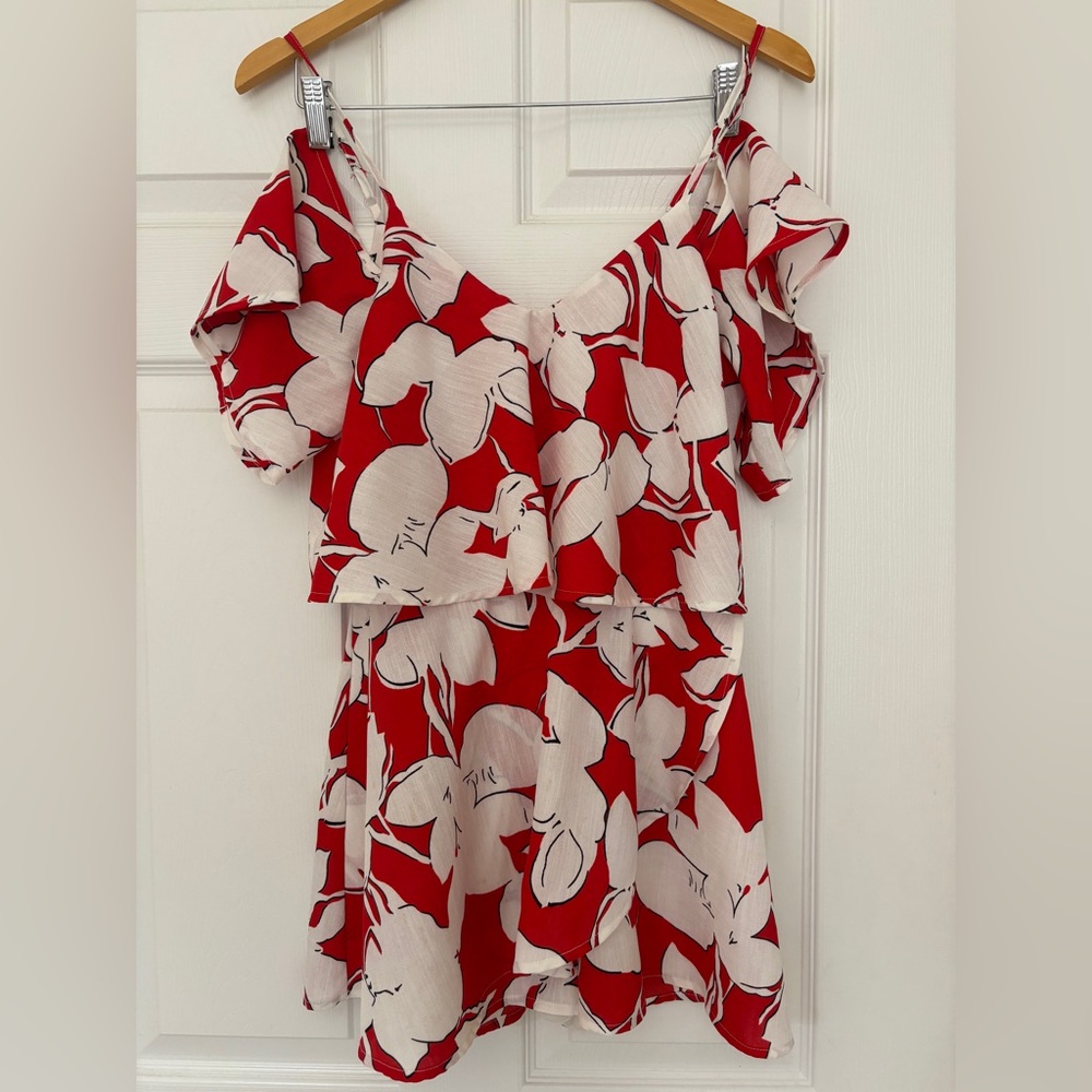 Red and White Floral Cold-Shoulder Women's Top